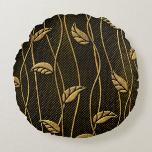 Gold and black seamless texture with leaves relief round cushion