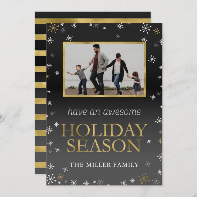 Gold and Black Snowflakes Photo Christmas Card (Front/Back)