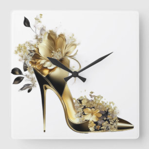 GOLD AND BLACK STILETTO HEELS WITH FLOWERS SQUARE WALL CLOCK