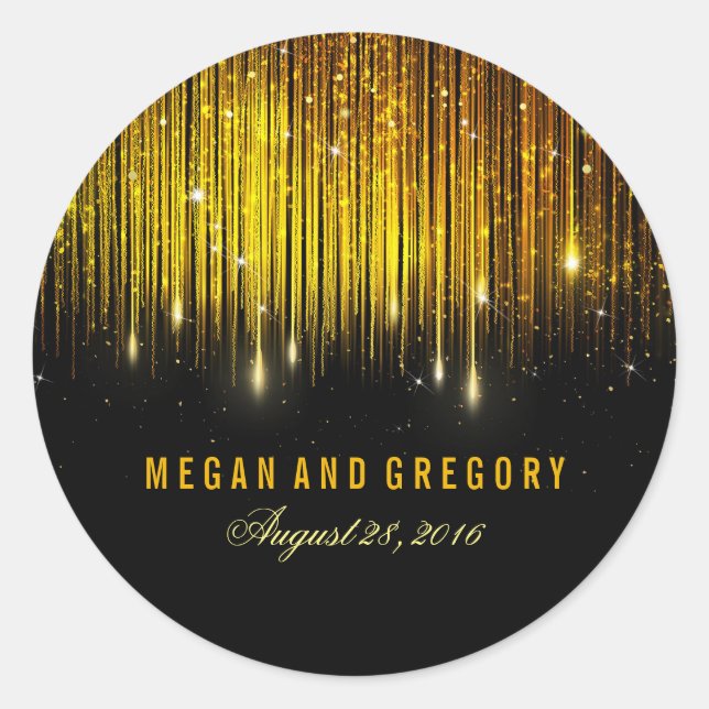 Gold and Black String Lights Wedding Classic Round Sticker (Front)