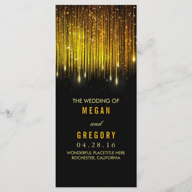 Gold and Black String Lights Wedding Programs Programme (Front)