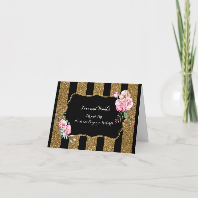 Gold and Black Stripes Floral Wedding Thank You Card (Front)
