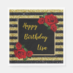 Gold And Black Stripes Glitter Red Roses Birthday Napkin