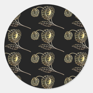gold and black sunflowers nature art Pattern Classic Round Sticker
