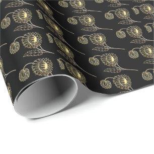 gold and black sunflowers nature art Pattern  Wrapping Paper
