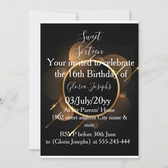 Gold and Black Sweet sixteen Photo Save The Date (Front)