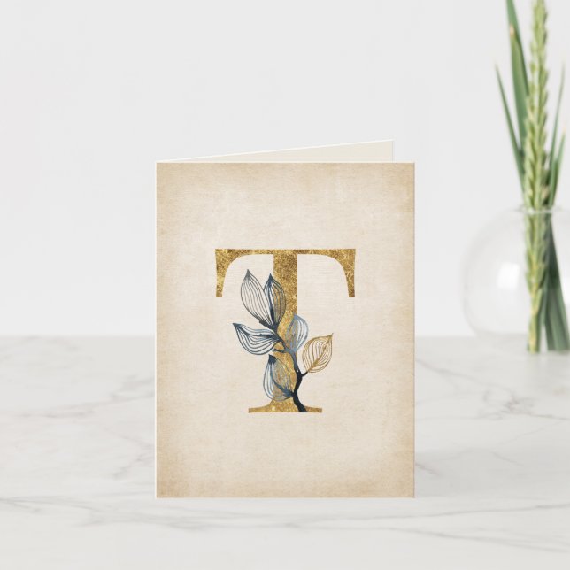 Gold and Black T Monogram With Leaves Note Card (Front)
