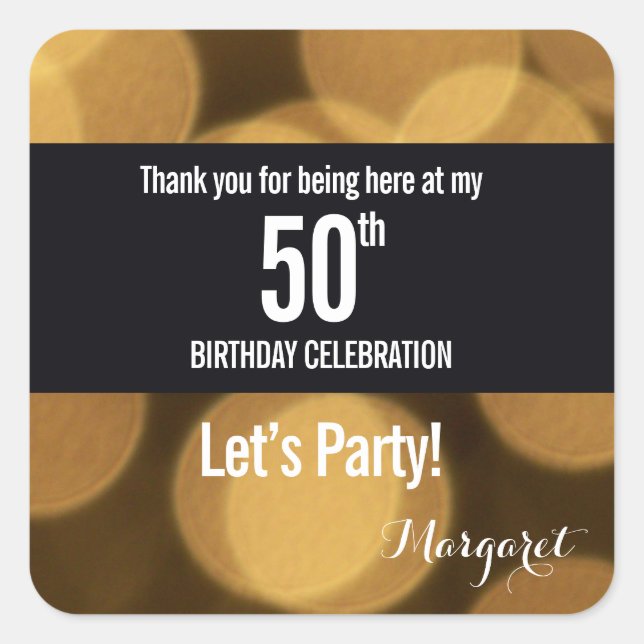 Gold and black theme 50th birthday square sticker (Front)