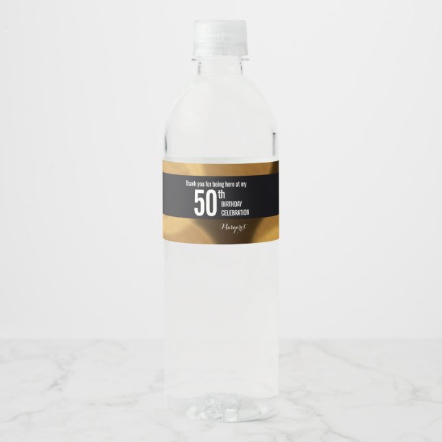 Gold and black theme, 50th birthday water bottle label (Front)
