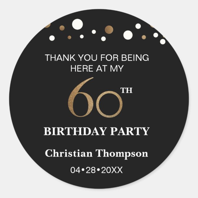 Gold and black theme 60th birthday party classic round sticker (Front)
