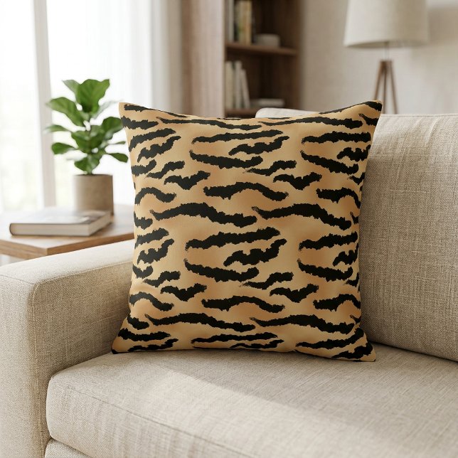 Gold and Black Tiger Print Animal Stripes Pattern Cushion (Animal Print Tiger Pattern Pillow)