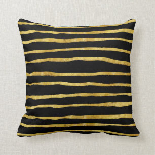 Gold and Black Torn Stripes Faux Foil Metallic Cushion