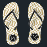 Gold and Black Trellis Monogram Flip Flops<br><div class="desc">Custom printed flip flop sandals with a stylish modern trellis pattern and your custom monogram or other text in a circle frame. Click Customise It to change text fonts and colours or add your own images to create a unique one of a kind design!</div>