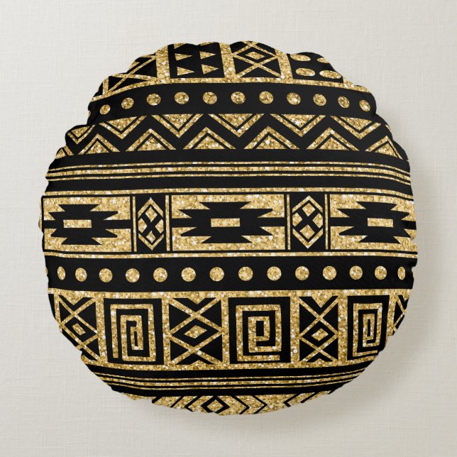 Gold And Black Tribal Geometric Pattern Round Cushion (Front)