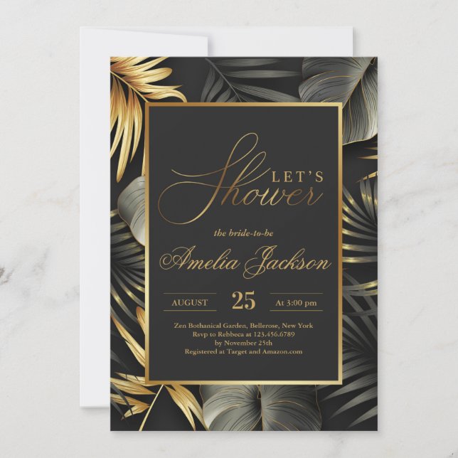 Gold and black tropical leaves bridal shower invitation (Front)