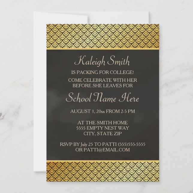 Gold and Black Trunk Party "Off To College" Invite (Front)