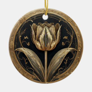 Gold and Black Tulip Design Ceramic Tree Decoration