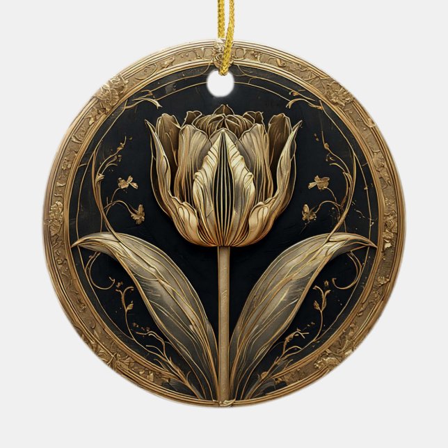Gold and Black Tulip Design Ceramic Tree Decoration (Front)