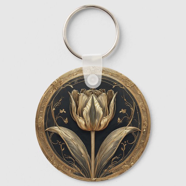 Gold and Black Tulip Design Key Ring (Front)