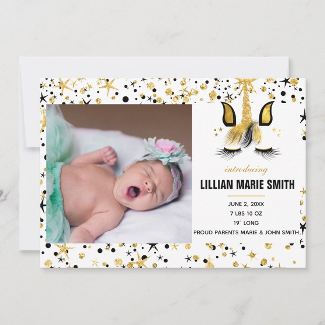 Gold and Black Unicorn Birth Announcement (Front)
