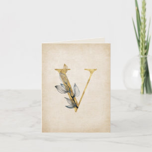 Gold and Black V Monogram With Leaves Note Card