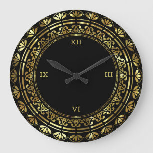 Gold And Black Vintage Floral Design Large Clock