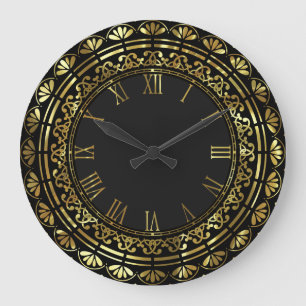 Gold And Black Vintage Floral Design Large Clock