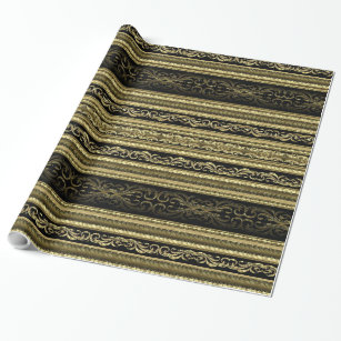 Gold And Black Vintage Lace Stripes Pattern Wrapping Paper