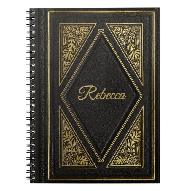 Gold and Black Vintage Leather Look Personalised  Notebook (Front)