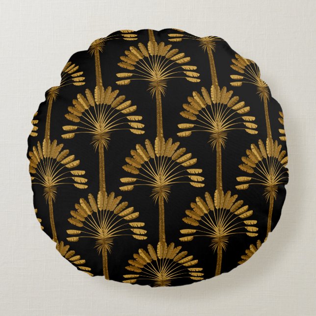 Gold and black Wallpaper with floral pattern in th Round Cushion (Front)