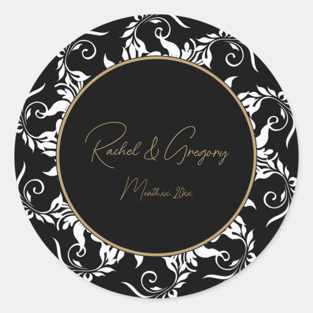 Gold and Black Wedding Invitation Classic Round Sticker (Front)