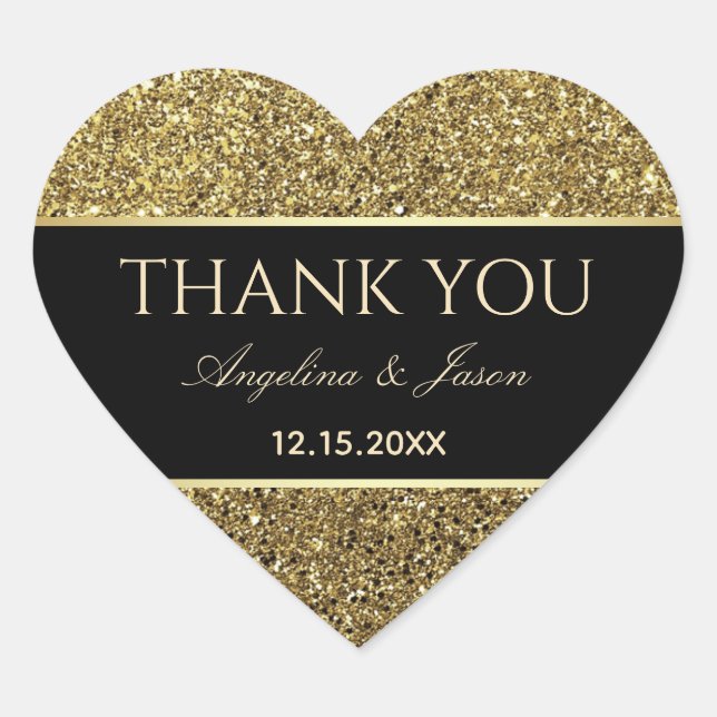 Gold and Black Wedding Thank You Favour Heart Sticker (Front)