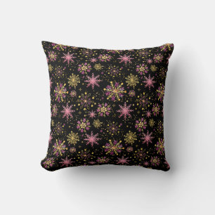 Gold and Black Winter Snowflakes Cushion