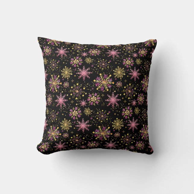 Gold and Black Winter Snowflakes Cushion (Front)