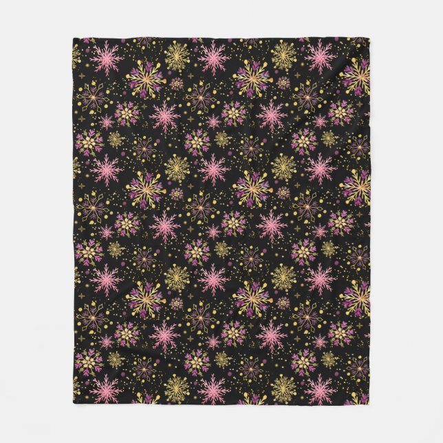 Gold and Black Winter Snowflakes Fleece Blanket (Front)