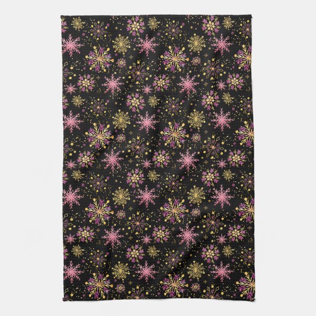 Gold and Black Winter Snowflakes Tea Towel (Vertical)