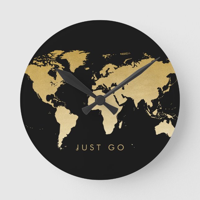 Gold and Black World Map Globe Time to Go Round Clock (Front)