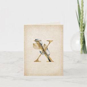 Gold and Black X Monogram With Leaves Note Card