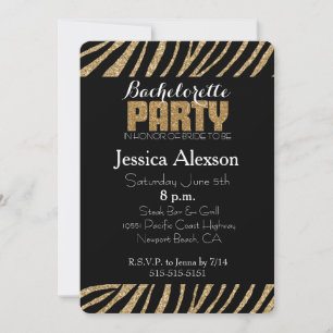 Gold and Black Zebra Print Glitter Bachelorette Invitation