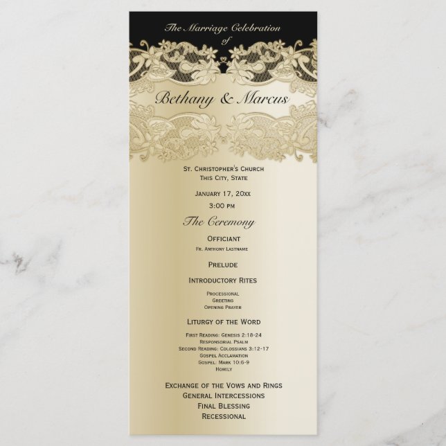 Gold and BlackFloral Lace Wedding Program Programme (Front)
