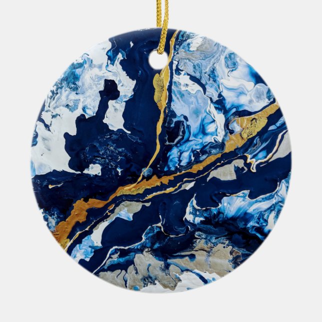Gold and Blue Acrylic Painting Abstract Art Abstra Ceramic Tree Decoration (Front)