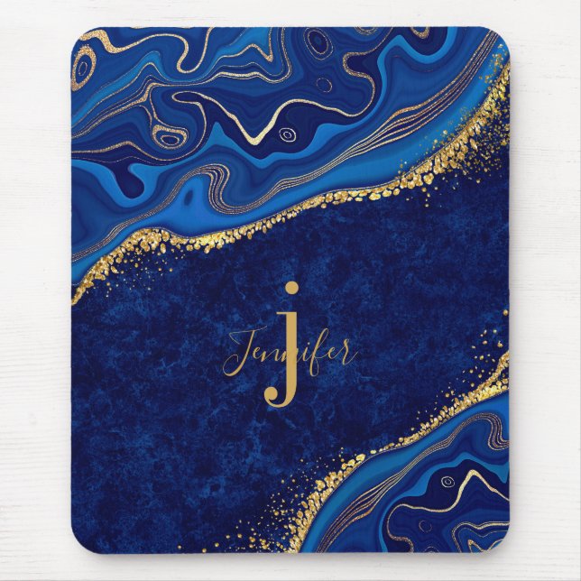 Gold and Blue Agate Modern Elegant Marble Custom  Mouse Mat (Front)