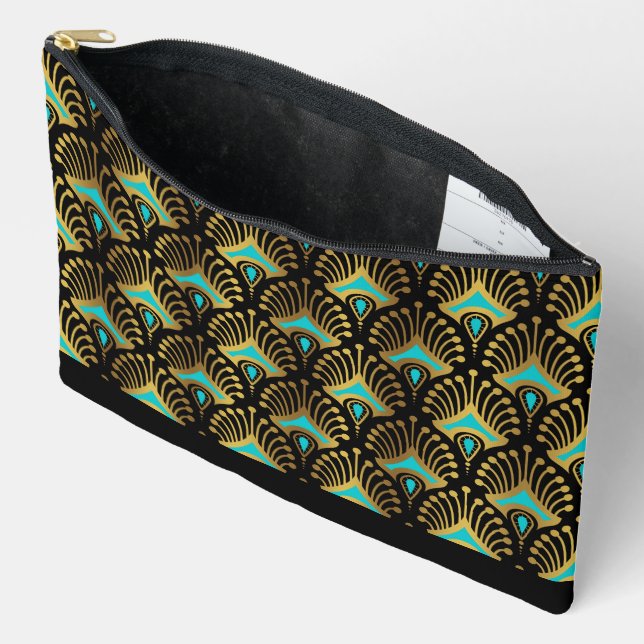 Gold and Blue Art Deco Pattern Monogram Duffle Ba Accessory Pouch (Open)