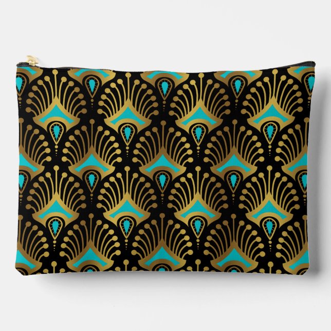 Gold and blue Art Deco pattern on black Accessory Pouch (Front)