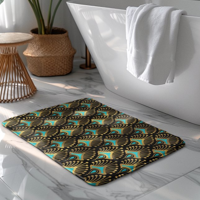 Gold and blue Art Deco pattern on black Bath Mat (Creator Uploaded)