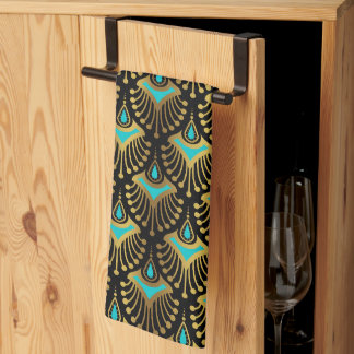 Gold and blue Art Deco pattern on black Kitchen To Tea Towel