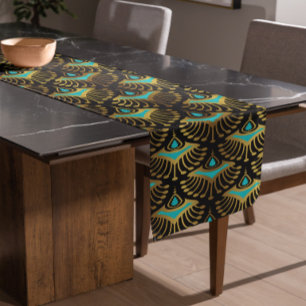 Gold and blue Art Deco pattern on black Long Table Runner