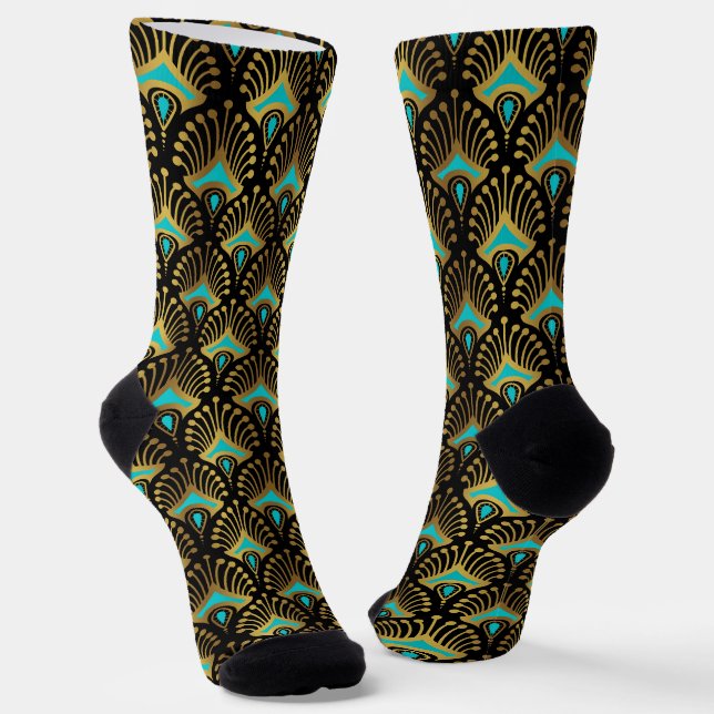 Gold and blue Art Deco pattern on black Socks (Angled)