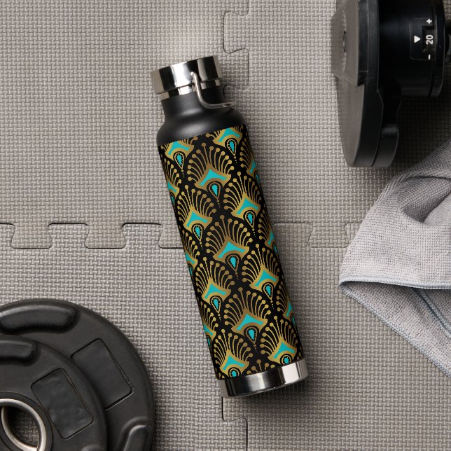 Gold and blue Art Deco pattern on black Water Bottle (Gym)