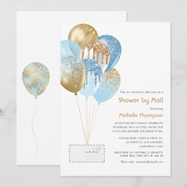 Gold and Blue Baby or Bridal Shower by Mail Invitation (Front/Back)